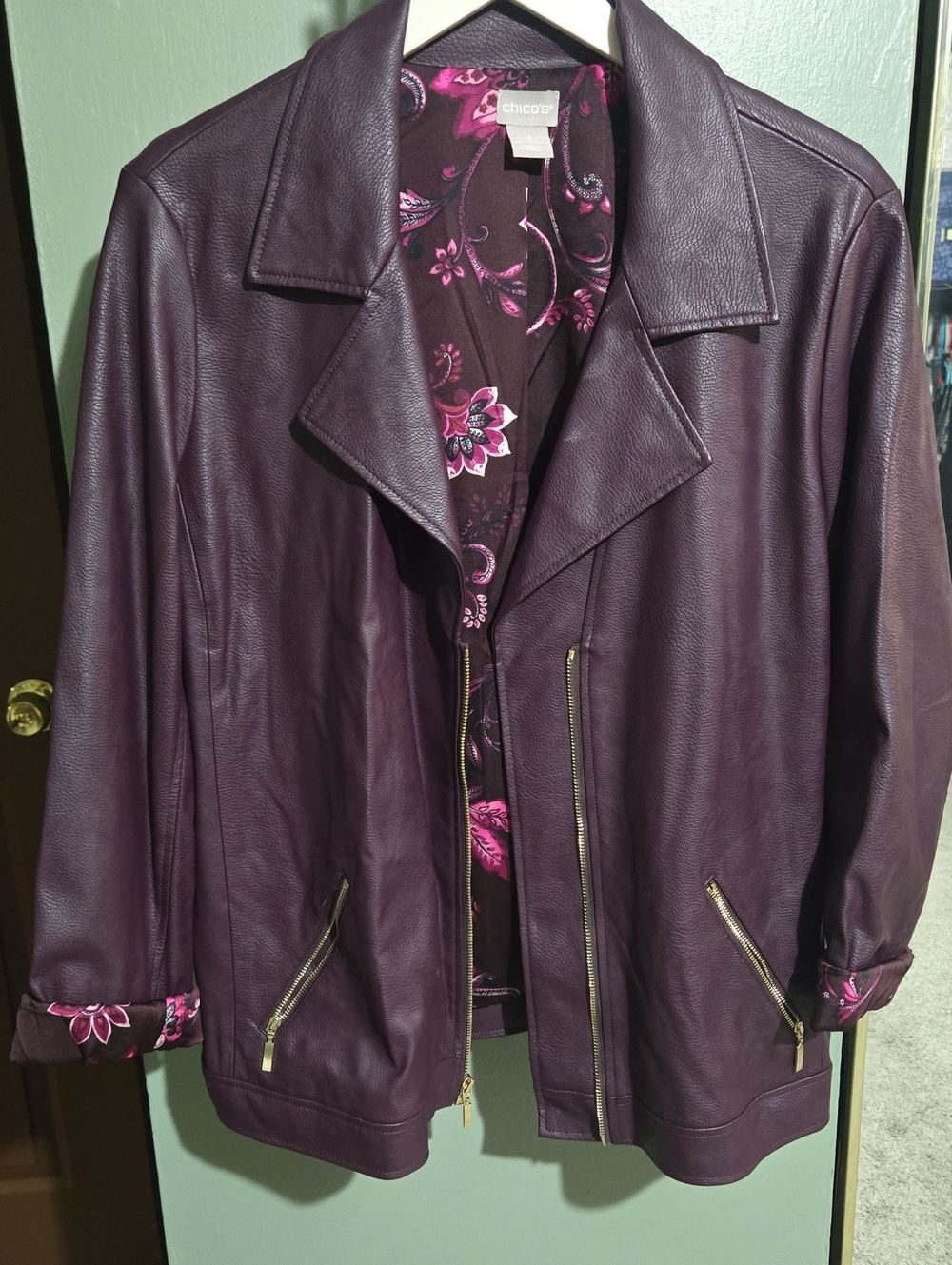 Chico's Deep Plum Faux Leather Zip Jacket with Floral Lining